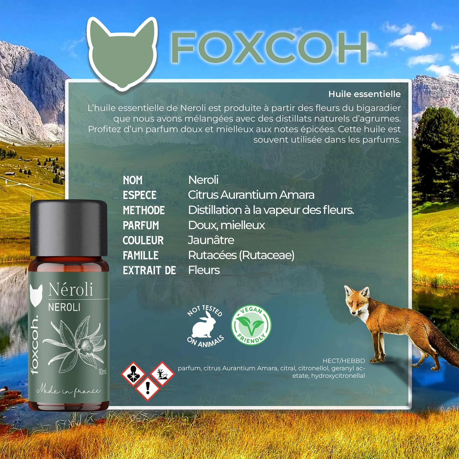 Fiche produit FoxCoh Néroli : description, parfum, usages, précautions et composition
